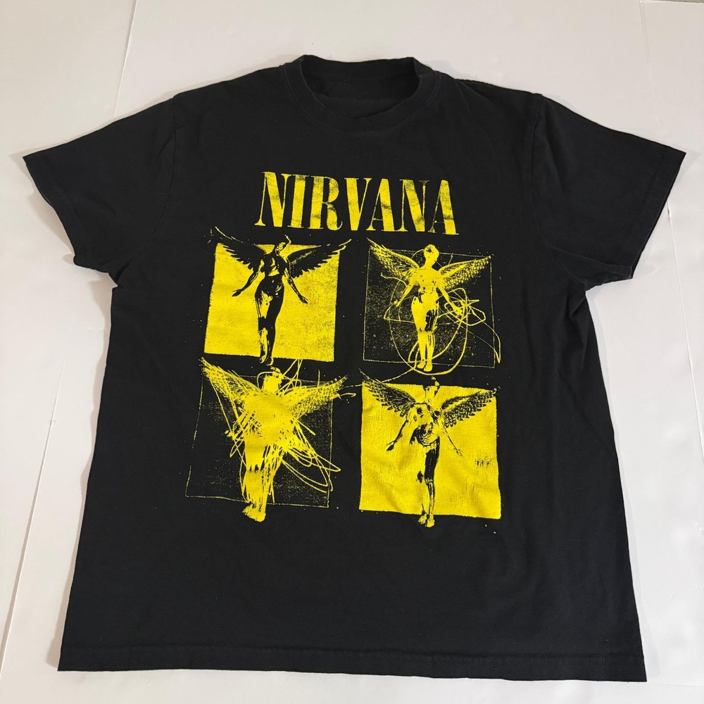 Nirvana In Utero Angel Graphic T-Shirt Black Yellow Grunge Band Tee Medium